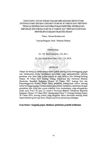 Tanggung Gugat Bidan Dalam Melakukan Episiotomi Ditinjau Dari Undang Undang Nomor 36 Tahun 2014 Tentang Tenaga Kesehatan Dan Peraturan Menteri Kesehatan Republik Indonesia Nomor 28 Tahun 2017 Tentang Izin Dan Penyelenggaraan Praktik Bidan Ubaya